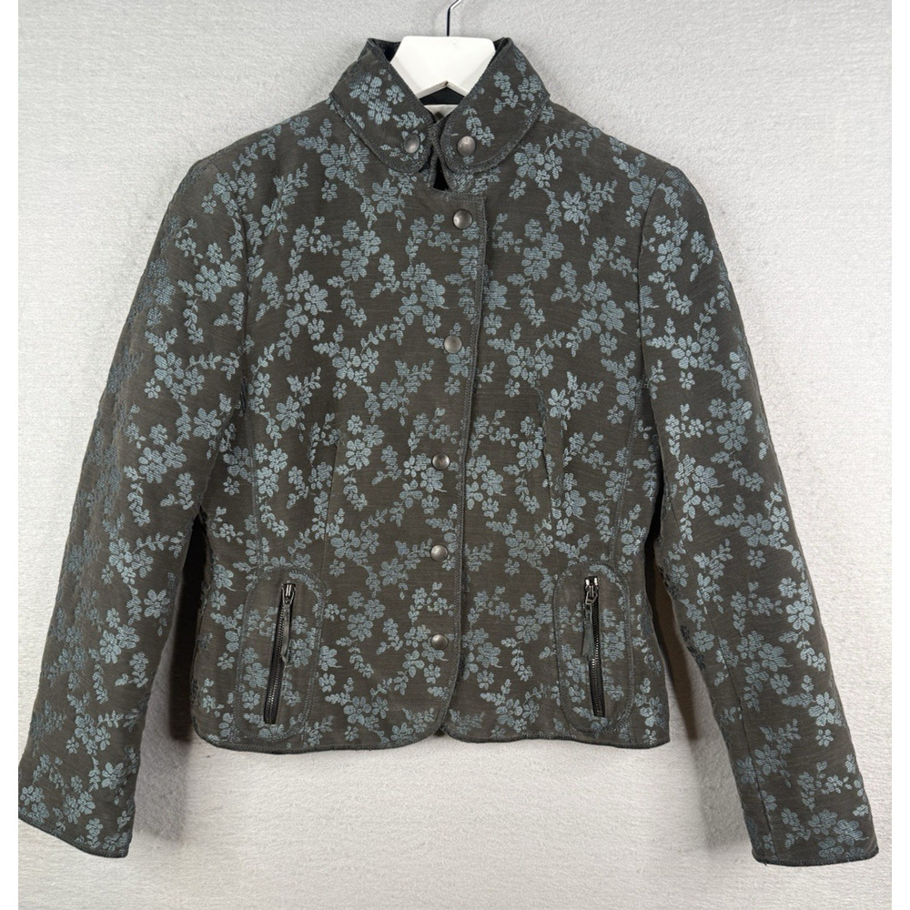 Akris Punto Floral Jacquard Jacket Womens Sz 8 Gray Blue Luxury Silk Blend Asian